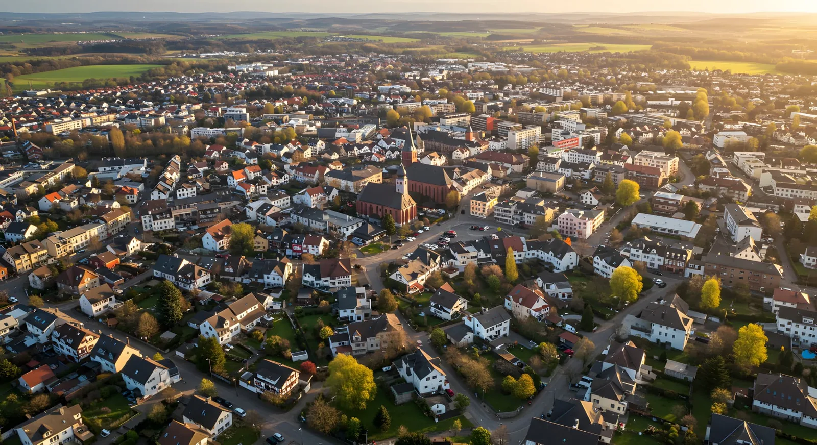 Luftbild einer süddeutschen Kleinstadt mit Wohnhäusern und Feldern im Abendlicht